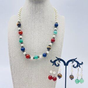Multicolor Bead Necklace And Earring Set Faux Pearl Accents Vintage Style